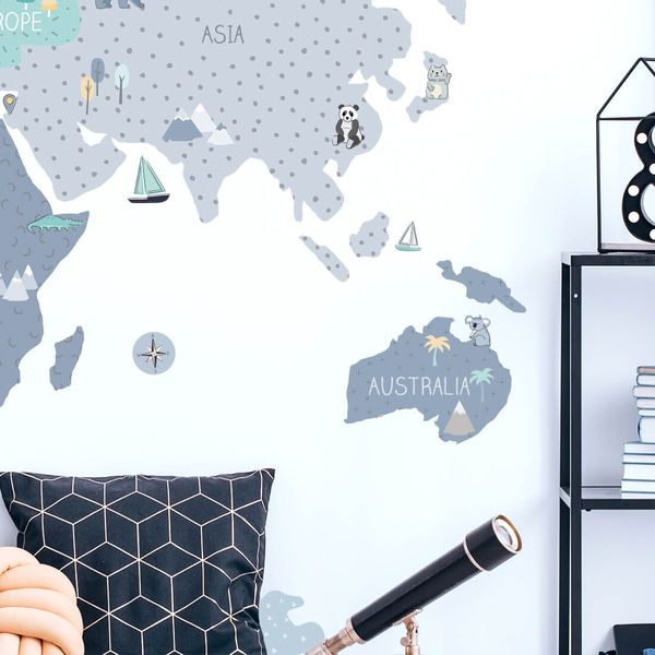 Pastelowe Love стикери за стена Карта на света в син цвят (на английски)