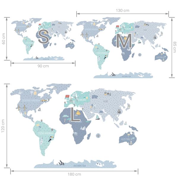 Pastelowe Love стикери за стена Карта на света в син цвят (на чешки)