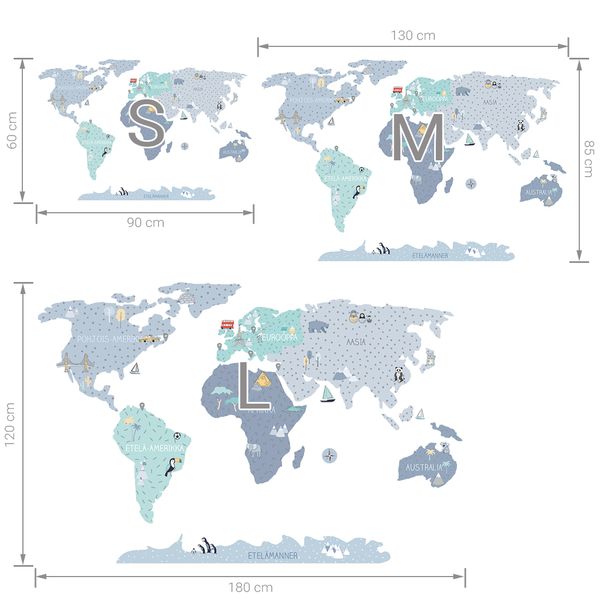 Pastelowe Love стикери за стена Карта на света в син цвят (на финландски)