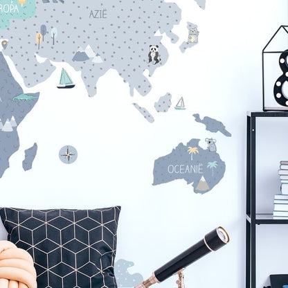 Pastelowe Love стикери за стена Карта на света в син цвят (на нидерландски)