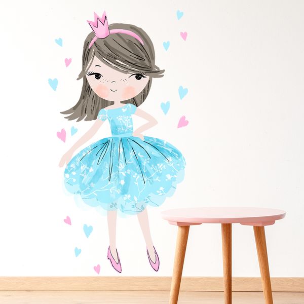 Декорация за стена - стикери за стена с принцеса в син цвят, за детска стая на момиче. Пресъздайте приказките за принцеси на Вашето момиче, като превърнете детската му стая в кралски замък с принцеса с бална рокля и корона от Pastelowe Love. | 4myfamily