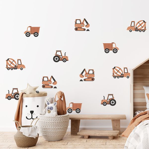 Стикери за стена за детска стая на момче - строителна площадка със оранжеви стикери за стена багери, бетонобъркачки, трактори и самосвали от Pastelowe Love | 4myfamily