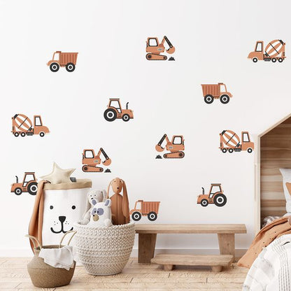 Стикери за стена за детска стая на момче - строителна площадка със оранжеви стикери за стена багери, бетонобъркачки, трактори и самосвали от Pastelowe Love | 4myfamily