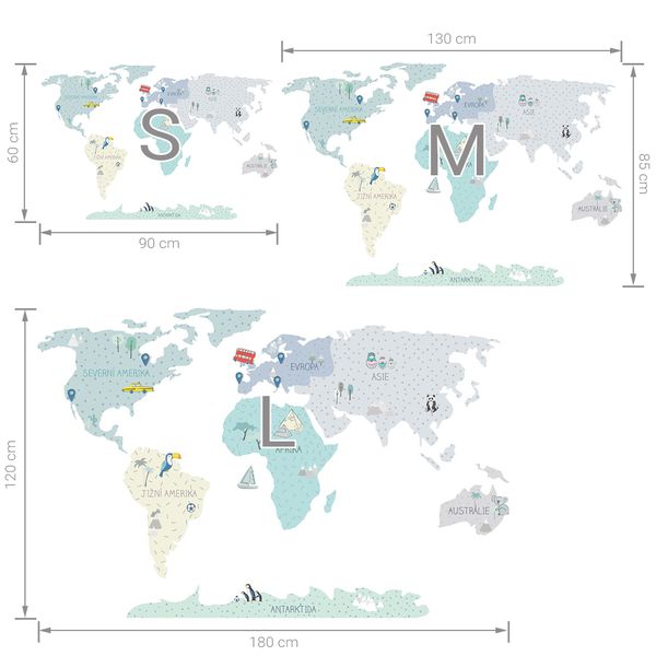 Pastelowe Love стикери за стена Карта на света в цвят мента (на чешки)