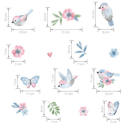 Pastelowe Love стикери за стена Розови птици и цветя