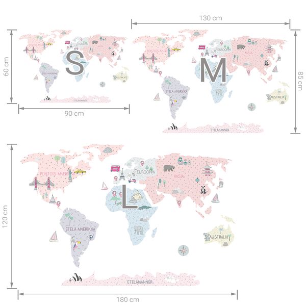Pastelowe Love стикери за стена Карта на света в розов цвят (на финландски)