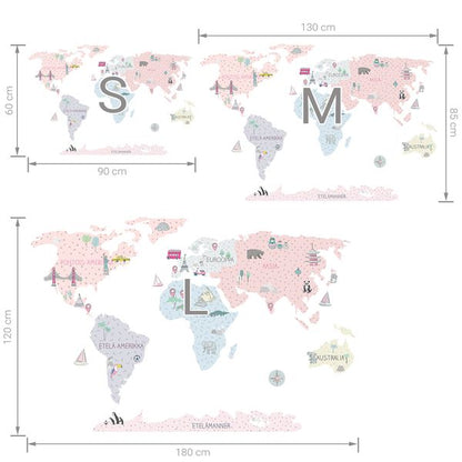 Pastelowe Love стикери за стена Карта на света в розов цвят (на финландски)