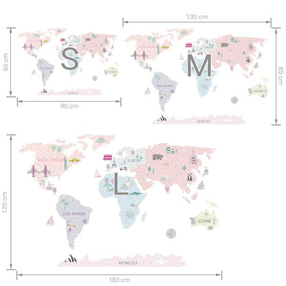 Pastelowe Love стикери за стена Карта на света в розов цвят (на нидерландски)