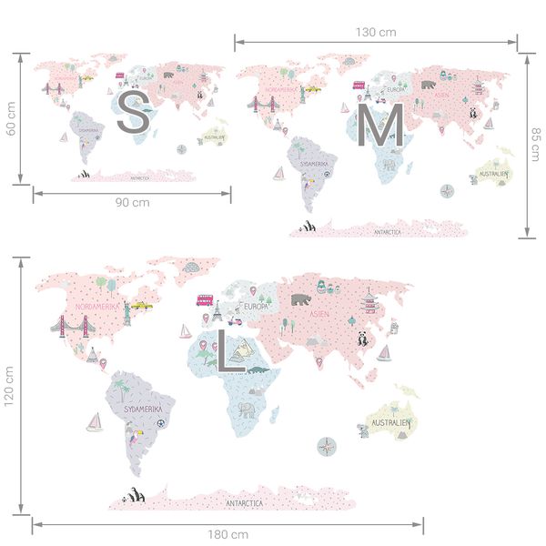 Pastelowe Love стикери за стена Карта на света в розов цвят (на шведски)